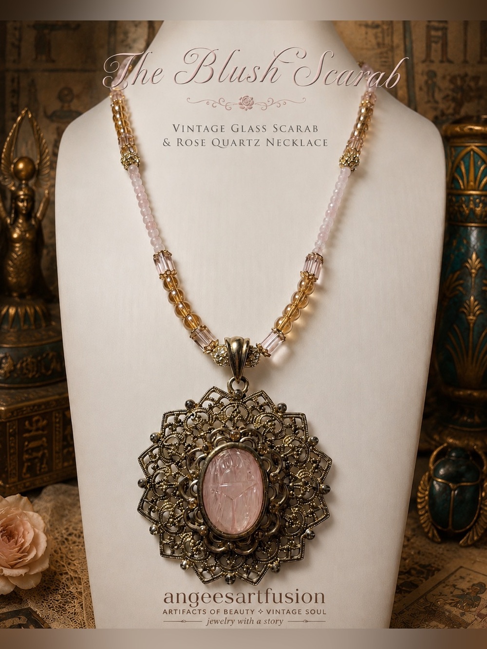 Vintage Glass Scarab & Rose Quartz Necklace